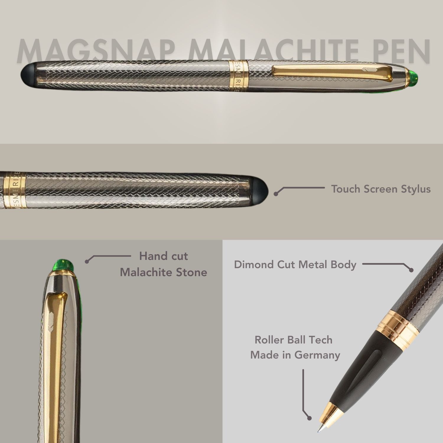 Malachite 2 in 1 MagSnap Roller Ball Pen with Stylus