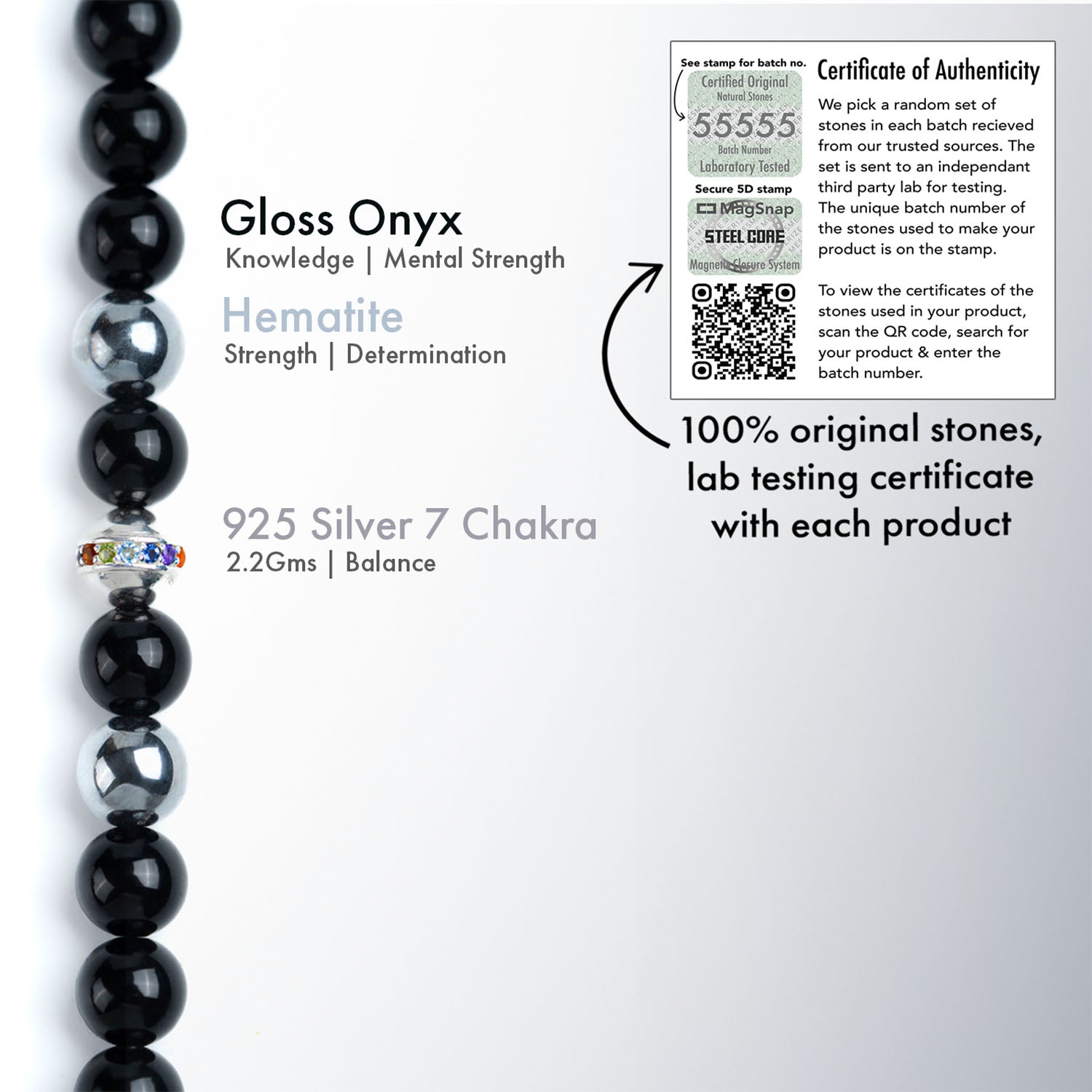 925 Sterling Silver 7 Chakra And Hematite Natural Stone Bracelet With MagSnap2