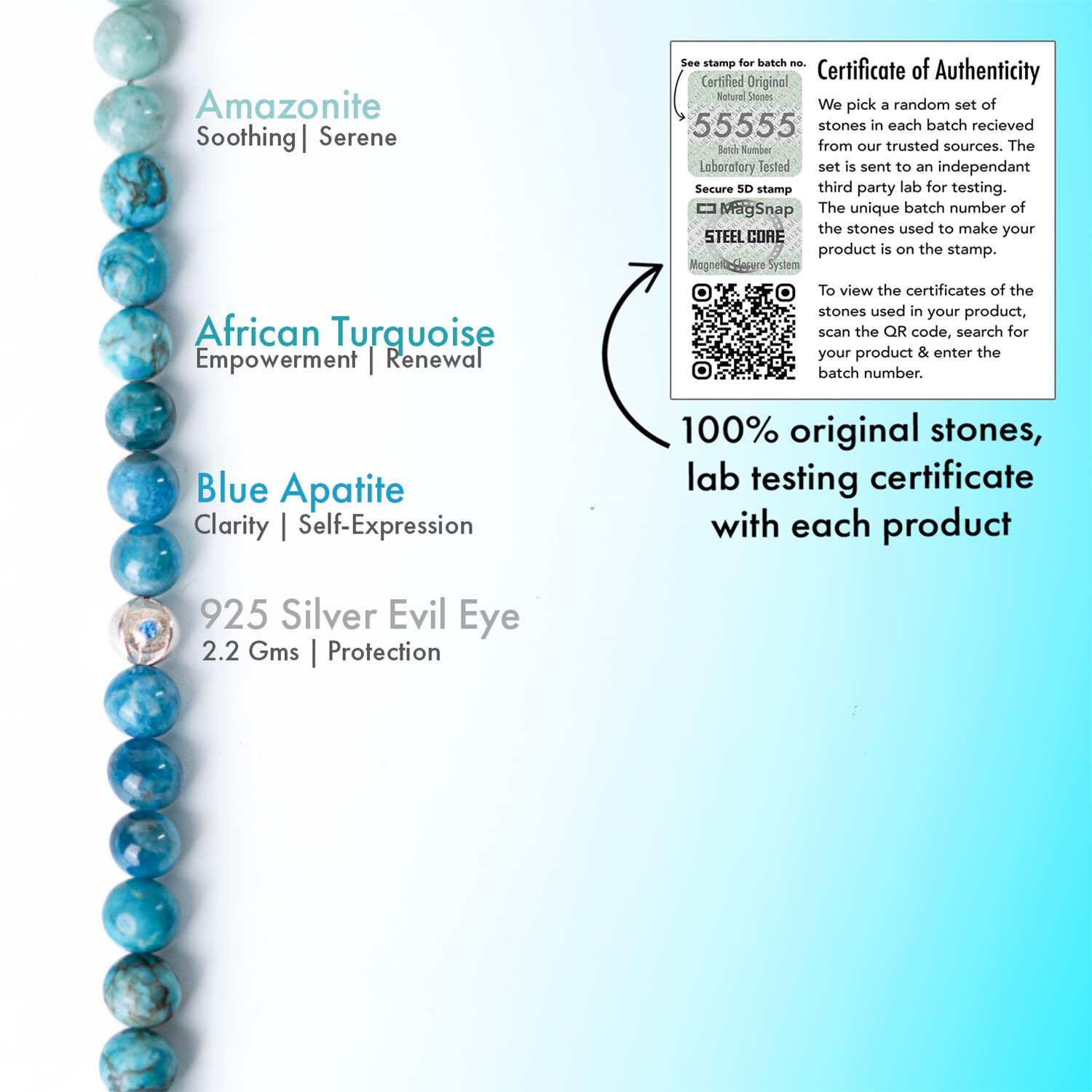 925 Sterling Silver Protective Evil Eye Natural Stone Bracelet with Magsnap2