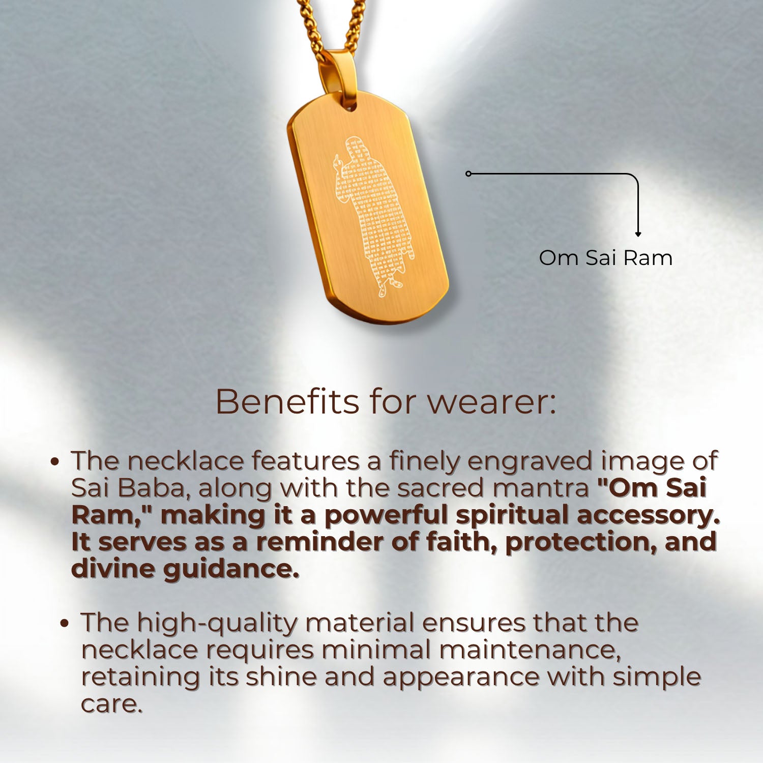 Om Sai Ram Inlay MicroCarved Tag Necklace Gold