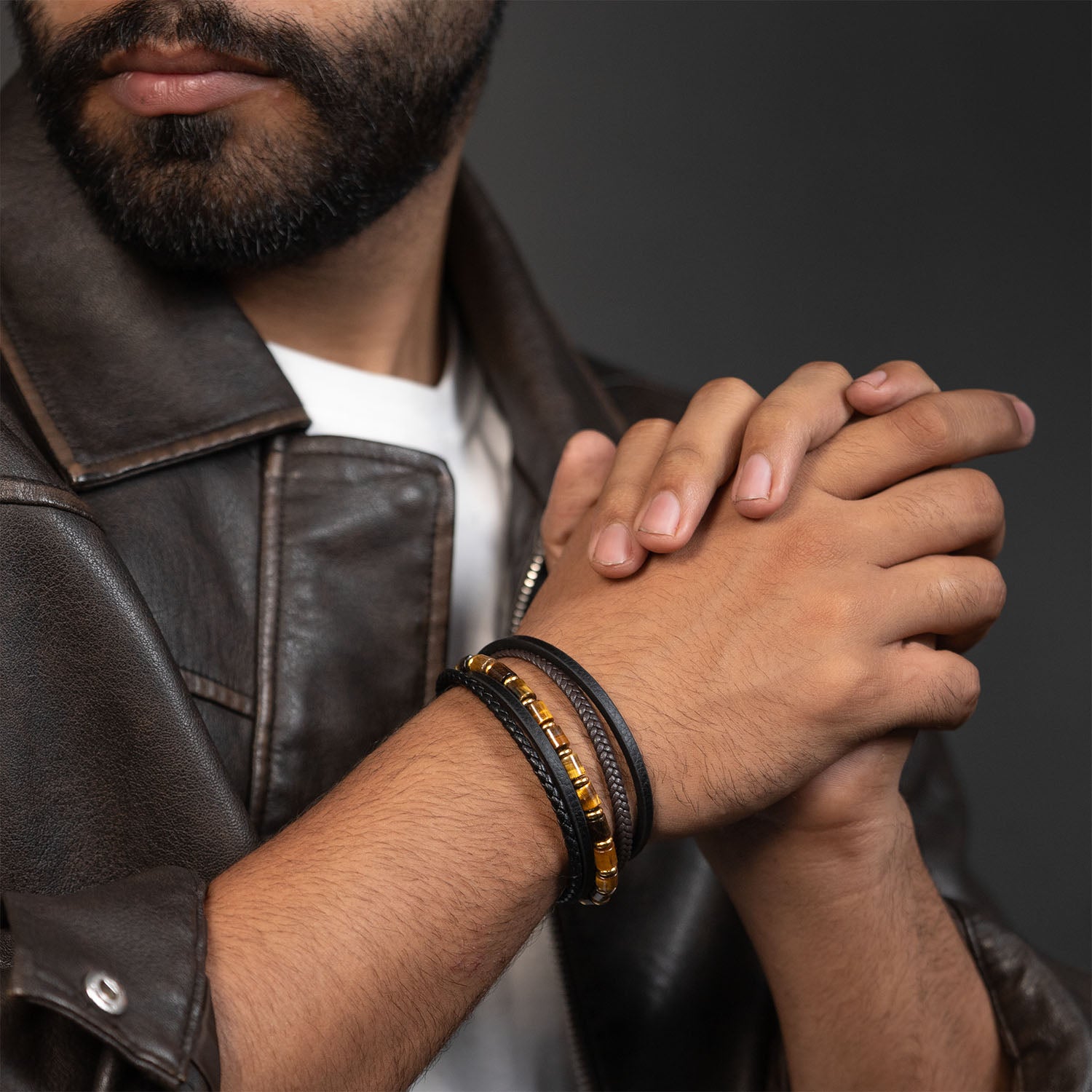 Courageous Tiger Eye Barrel Bead NeoLeather Bracelet With MagSlide