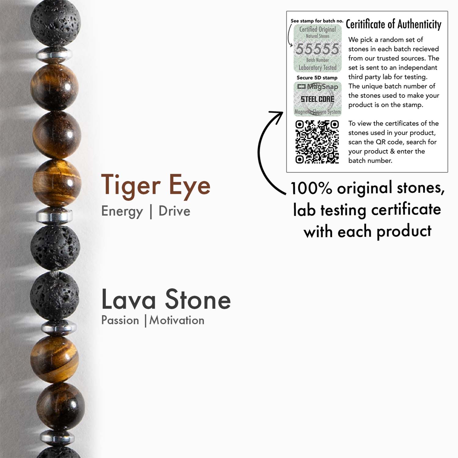 Natural Stone Jewellery Lava and Tiger Eye Natural Stone Bracelet with MagSnap