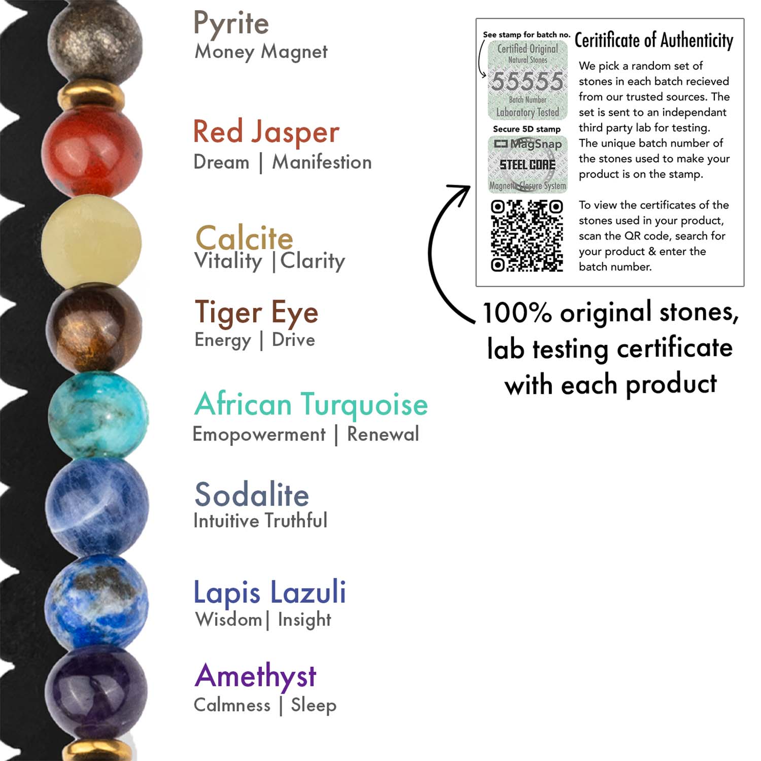 Natural Stone Jewellery Money Magnet Pyrite 7 Chakra Natural Stone Bracelet with Magsnap