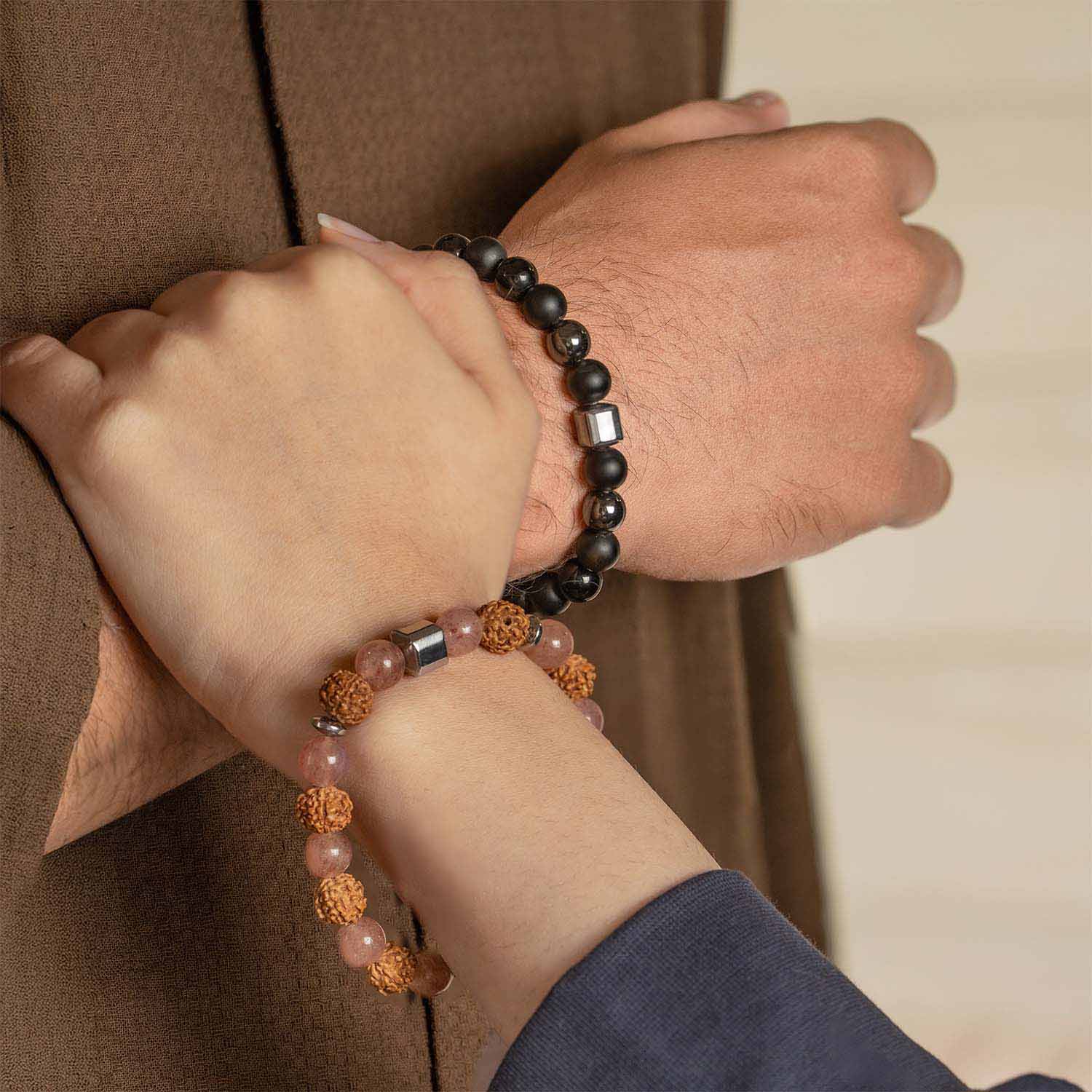 Non Personalised Serenity Strawberry Quartz & Stealth Gloss Onyx Natural Stone Couple Bracelets with Magsnap 2