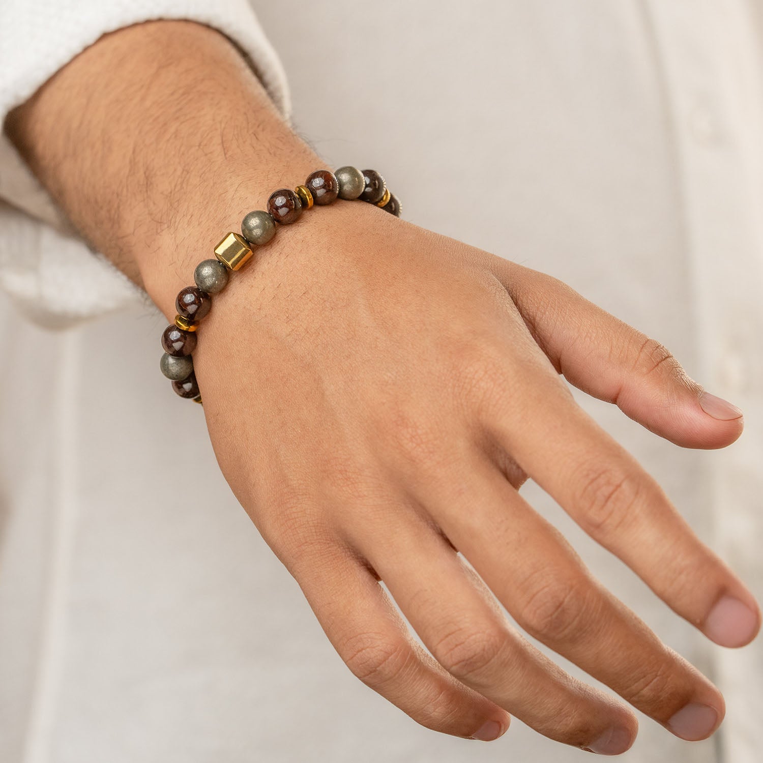 Non-Personalised Abundance Magnet Garnet & Pyrite Natural Stone Elastic Bracelet