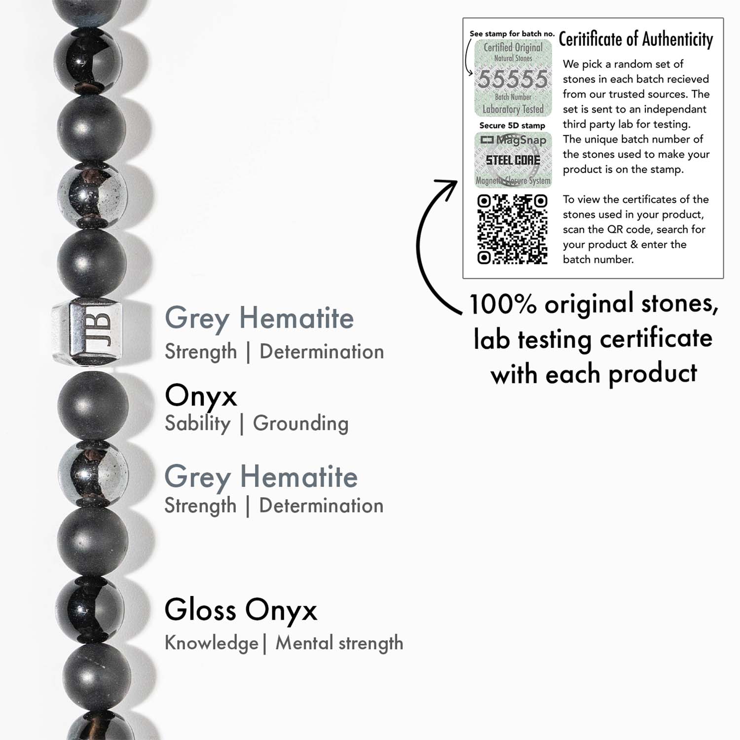 Non Personalised Serenity Strawberry Quartz & Stealth Gloss Onyx Natural Stone Couple Bracelets with Magsnap 2