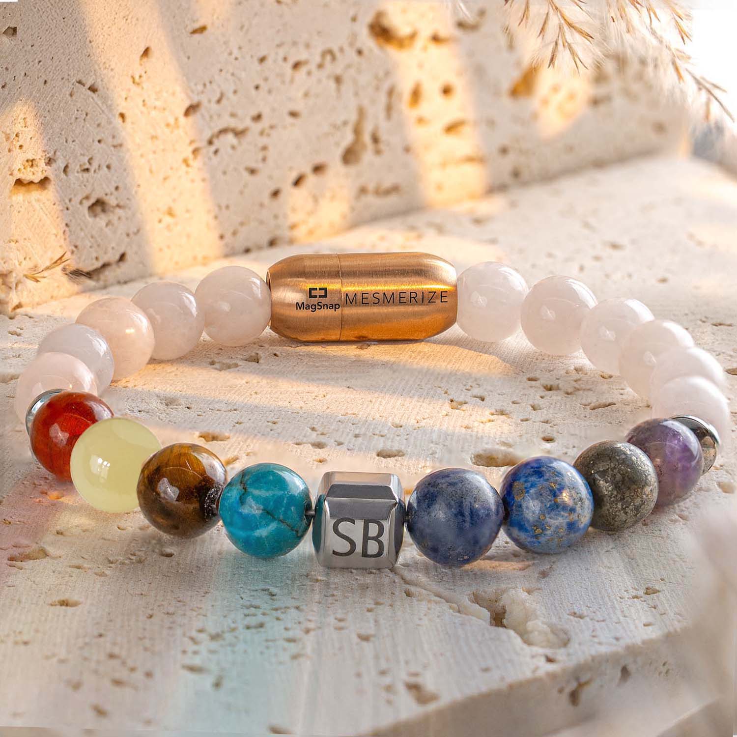 Personalised Solace Rose Quartz 9 Chakra Natural Stone Bracelet with Magsnap 2