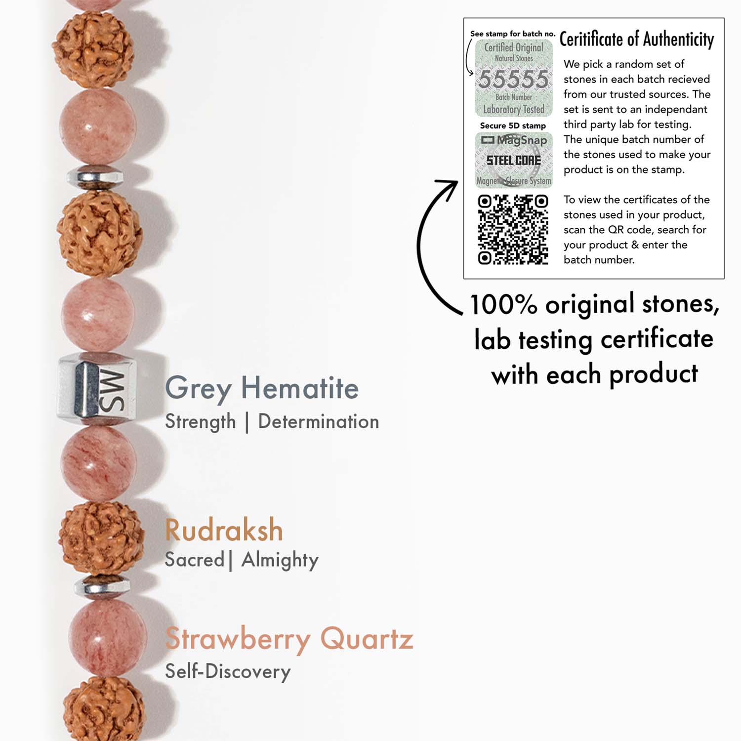 Serenity Strawberry Quartz & Rudraksh Bracelet with Magsnap2