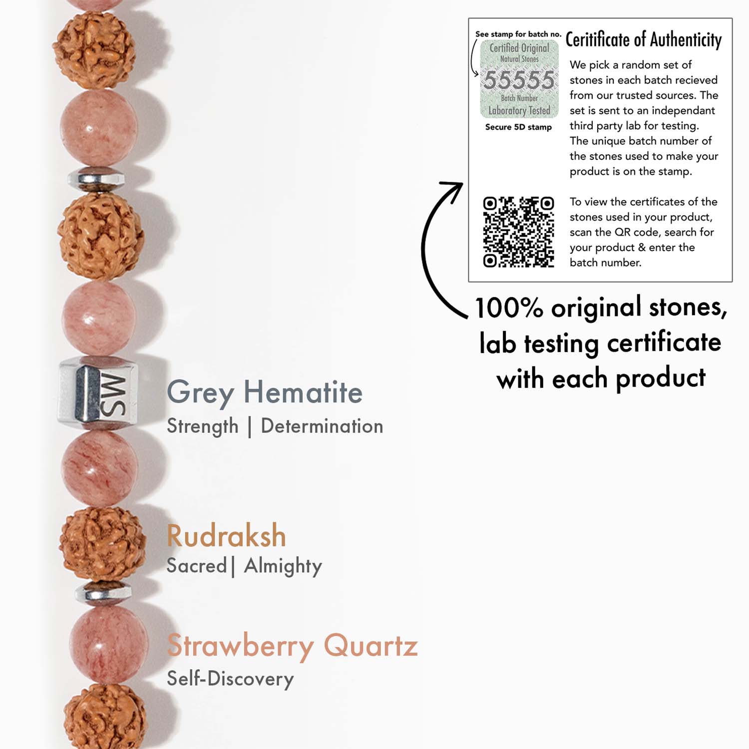 Serenity Strawberry Quartz & Rudraksh Bracelet Elastic