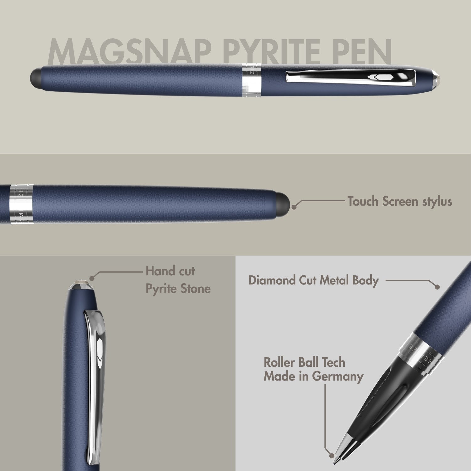 Matte Blue Finish Pyrite 2 in 1 MagSnap Roller Ball Pen with Stylus None