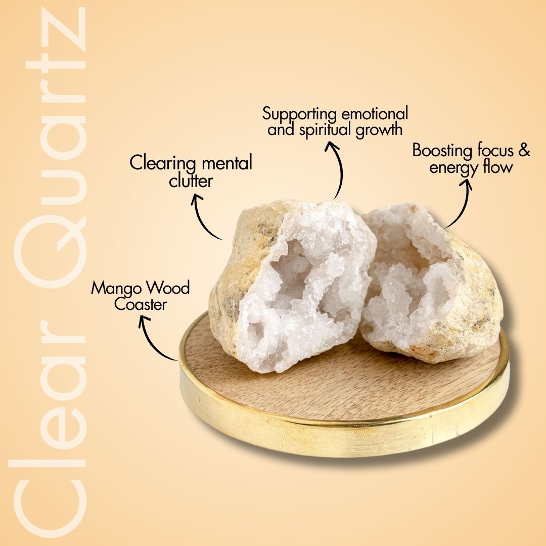 Balance Clear Crystal Geode Raw Stone With Mango Wood Coaster