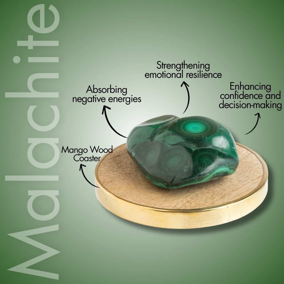 Prosperity Polished Malachite Raw Stone With Mango Wood Coaster