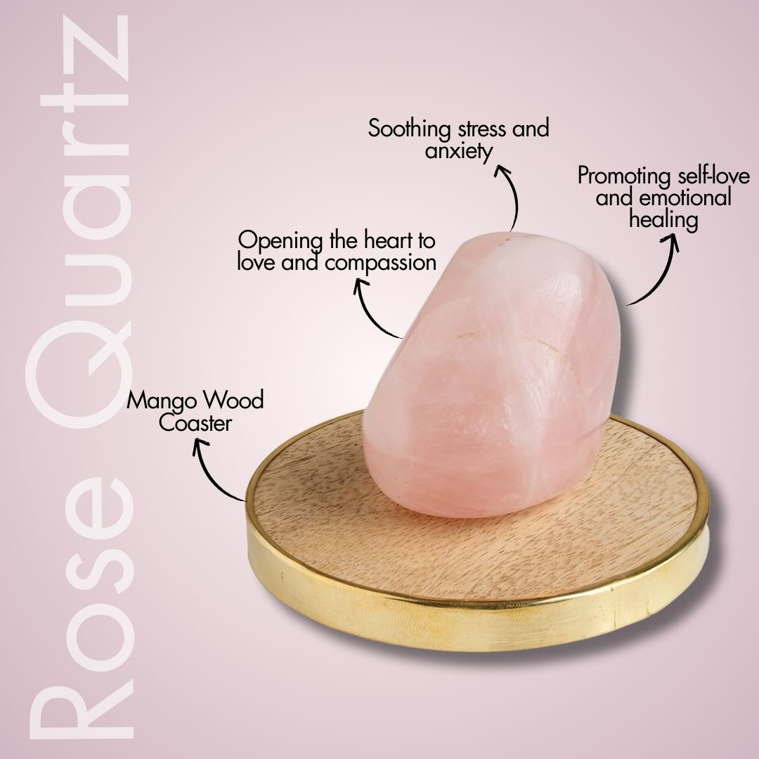 Solace Polished Rose Quartz Raw Stone With Mango Wood Coaster