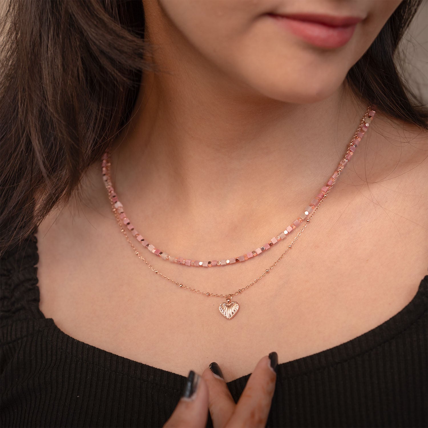 Roselle Layered Rose Gold Necklace with Rhodochrosite Beads