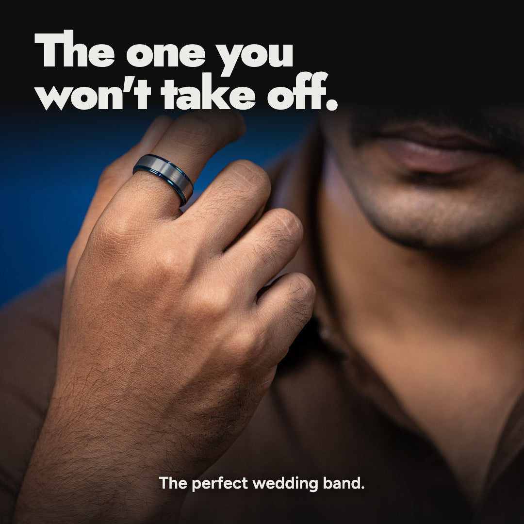 Gunmetal Brushed Blue Tungsten Carbide Ring