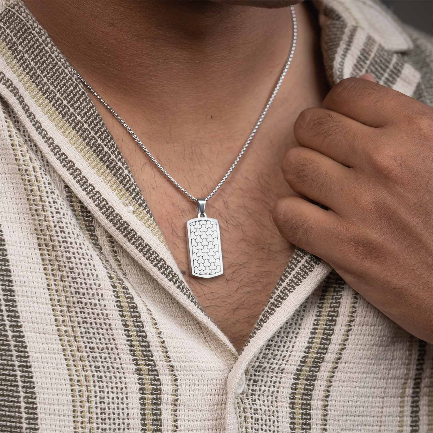 Silver Stainless Steel Tag Necklace with Geometric design