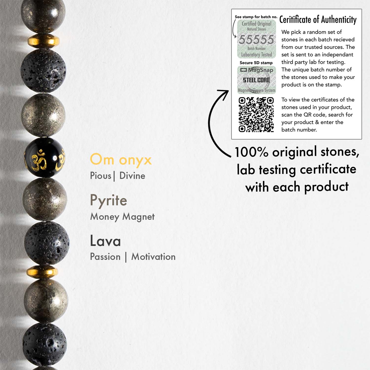 Natural Stone Jewellery Spiritual Pyrite Natural Stone OM Bracelet With Magsnap