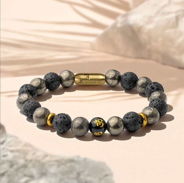 Natural Stone Jewellery Spiritual Pyrite Natural Stone OM Bracelet With Magsnap