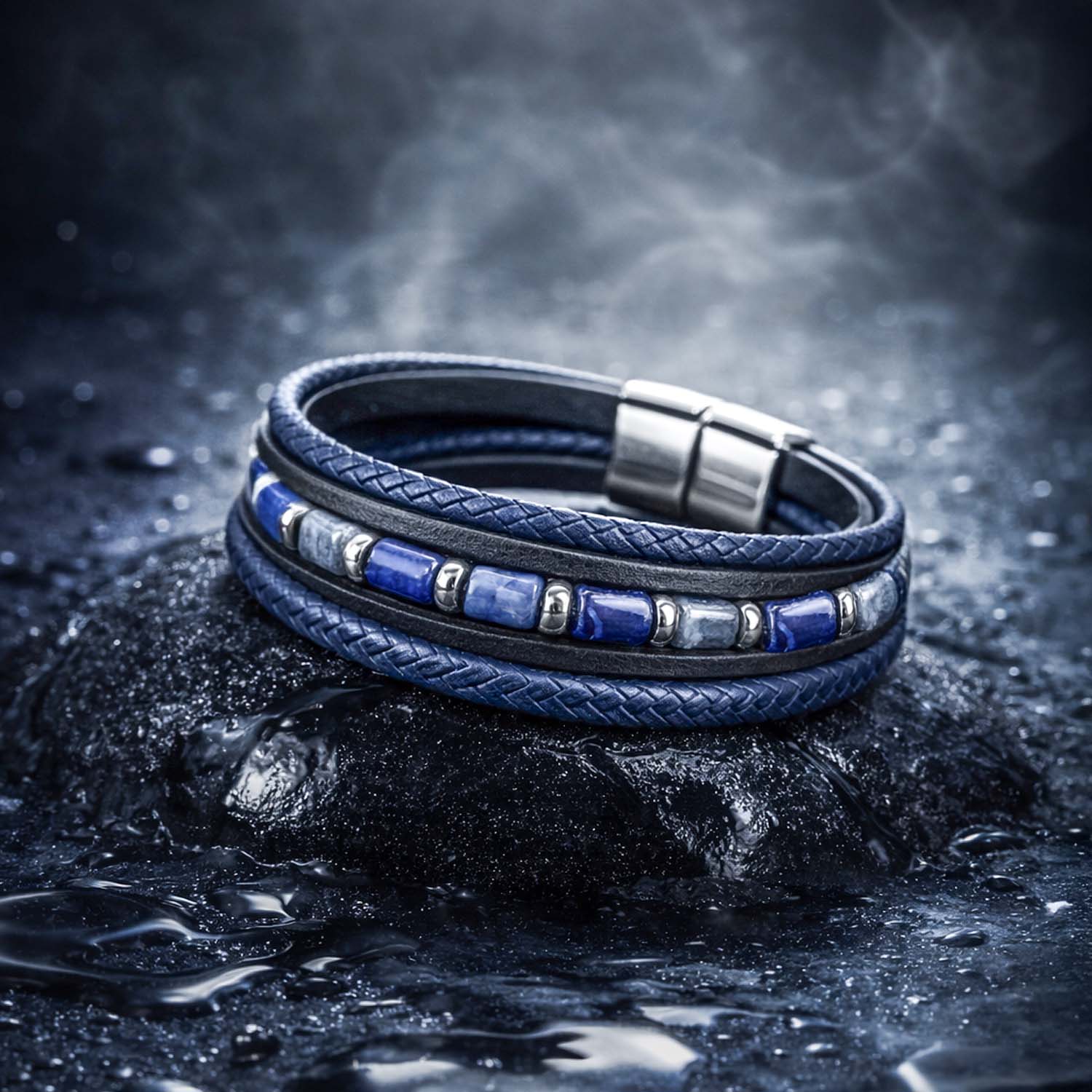 Wisdom Lapis Barrel Beads NeoLeather Bracelet With MagSlide