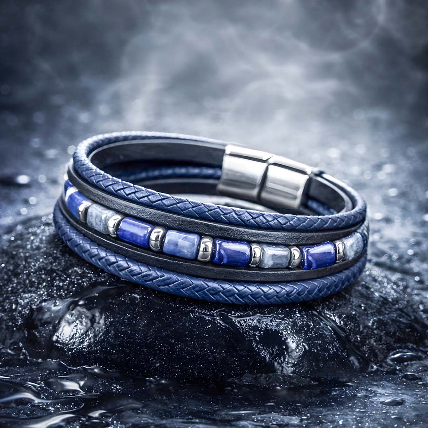 Wisdom Lapis Barrel Beads NeoLeather Bracelet With MagSlide