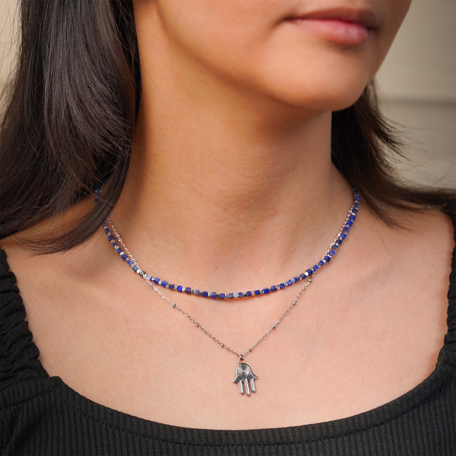 Zaria Layered Silver Necklace with Lapis Lazuli Beads