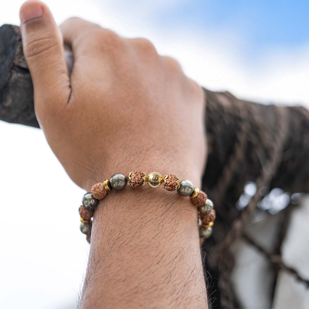 925 Sterling Silver Spiritual Trishul Pyrite Natural Stone Bracelet with MagSnap 2