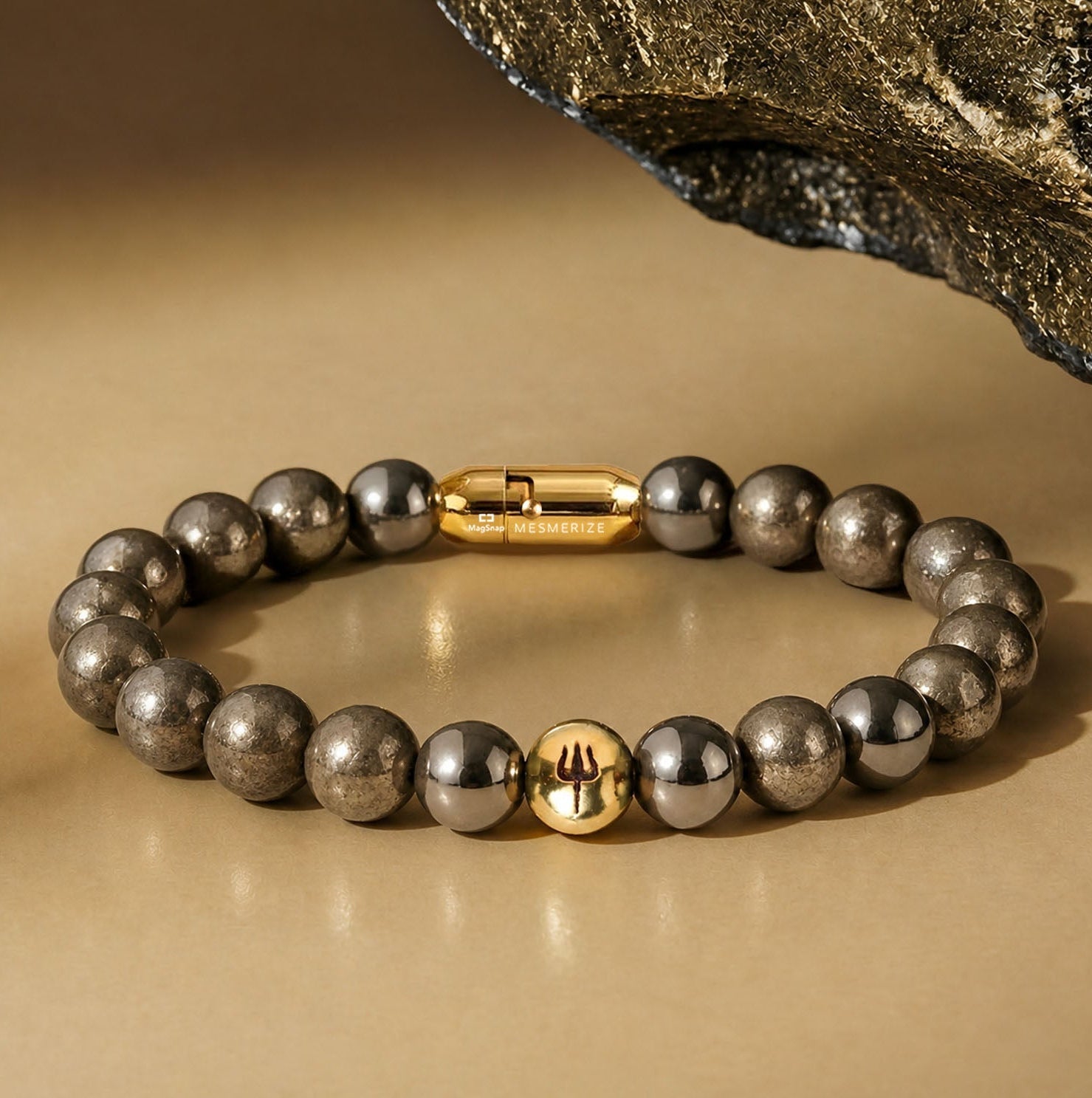 925 Sterling Silver Pyrite Trishul Natural Stone Bracelet with Magsnap2
