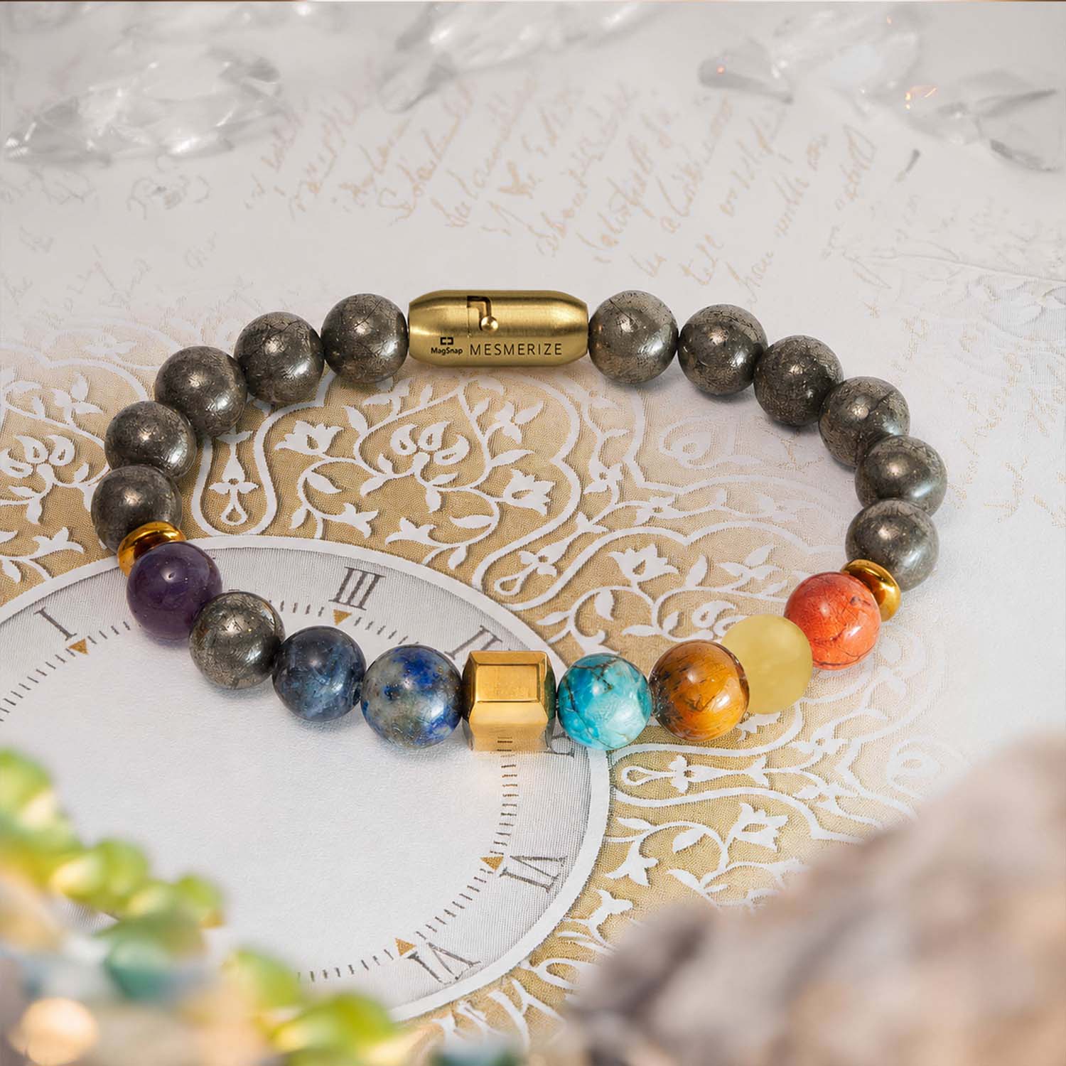 Non Personalised Money Magnet Pyrite 7 Chakra Natural Stone Bracelet With Magsnap2
