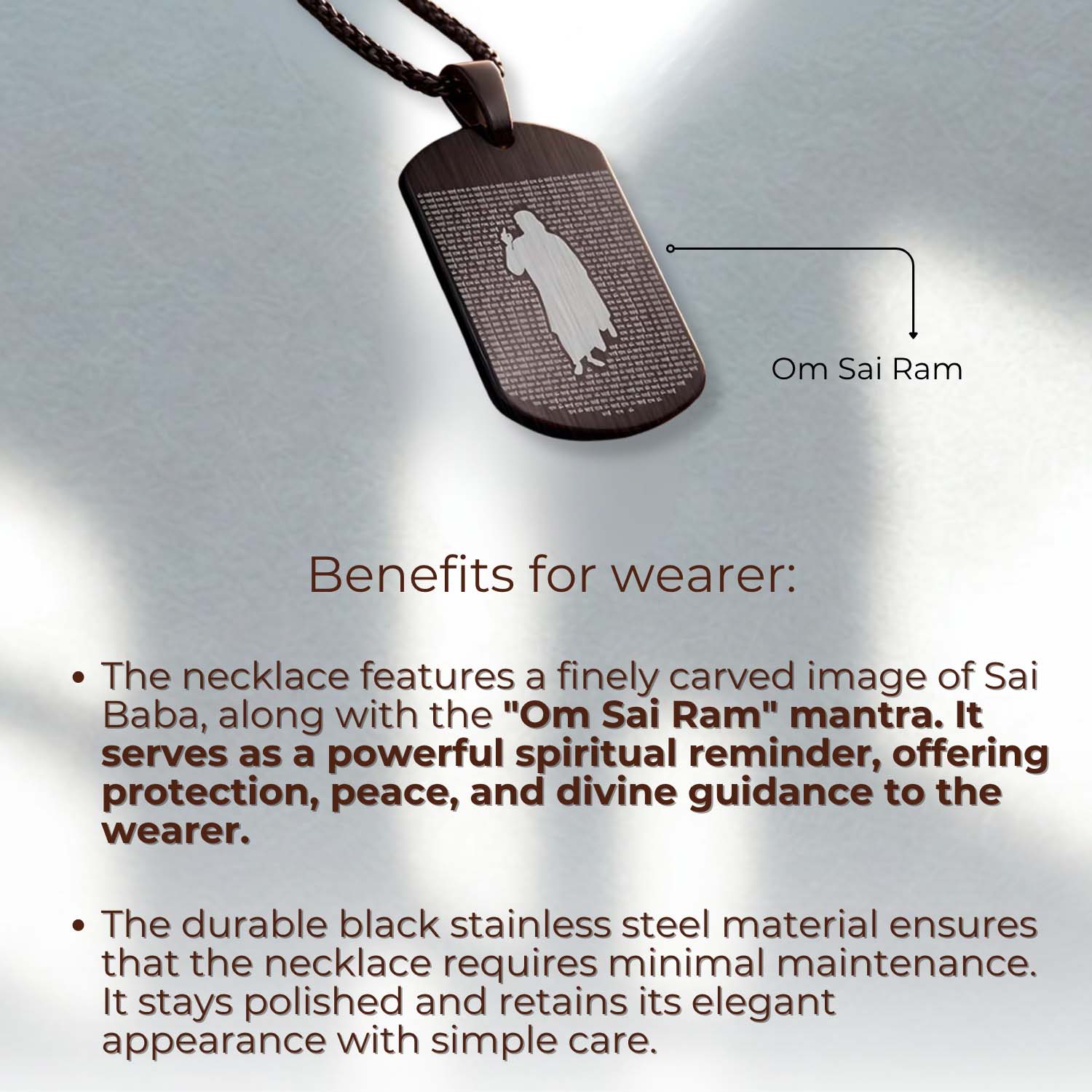 Om Sai Ram MicroCarved Tag Necklace Silver