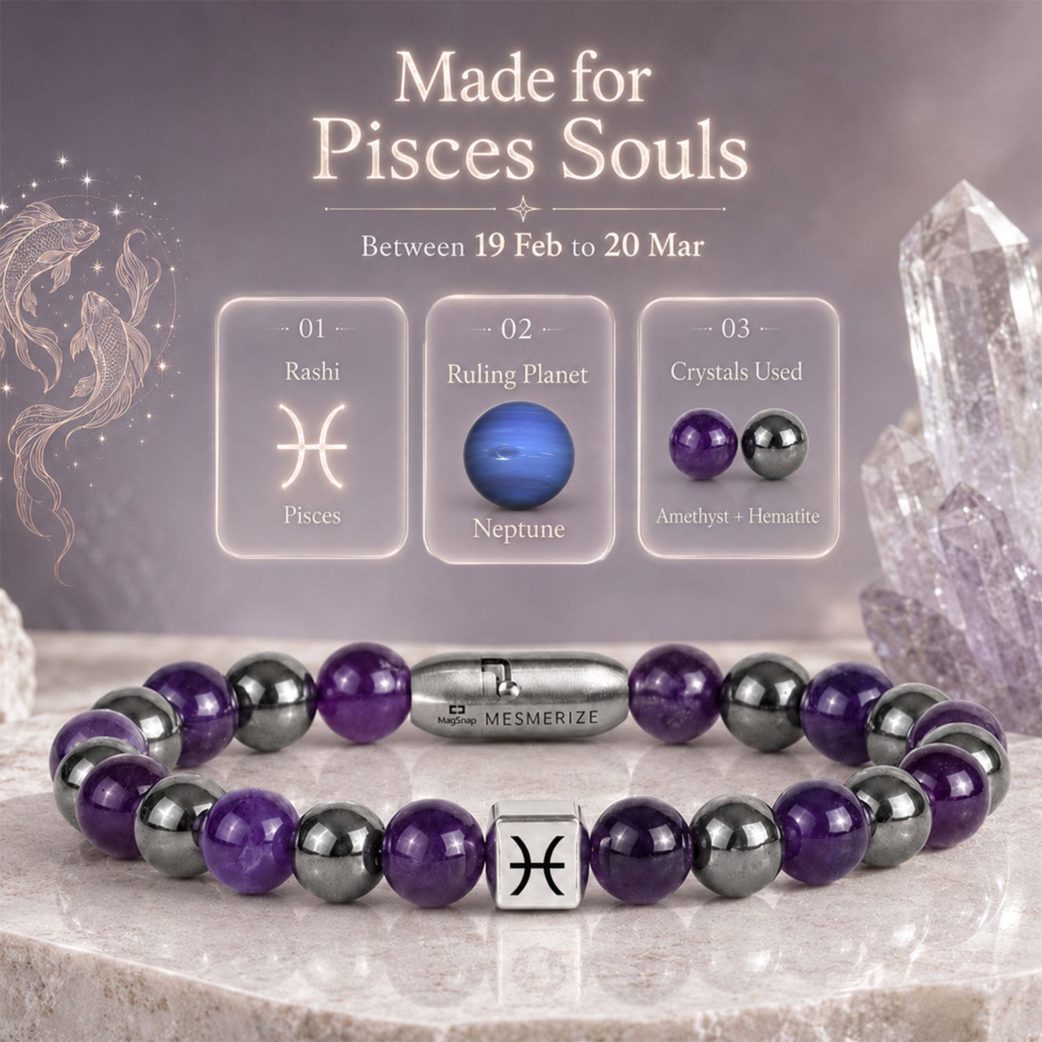 Pisces (Meen) Zodiac Stone Bracelet with MagSnap 4