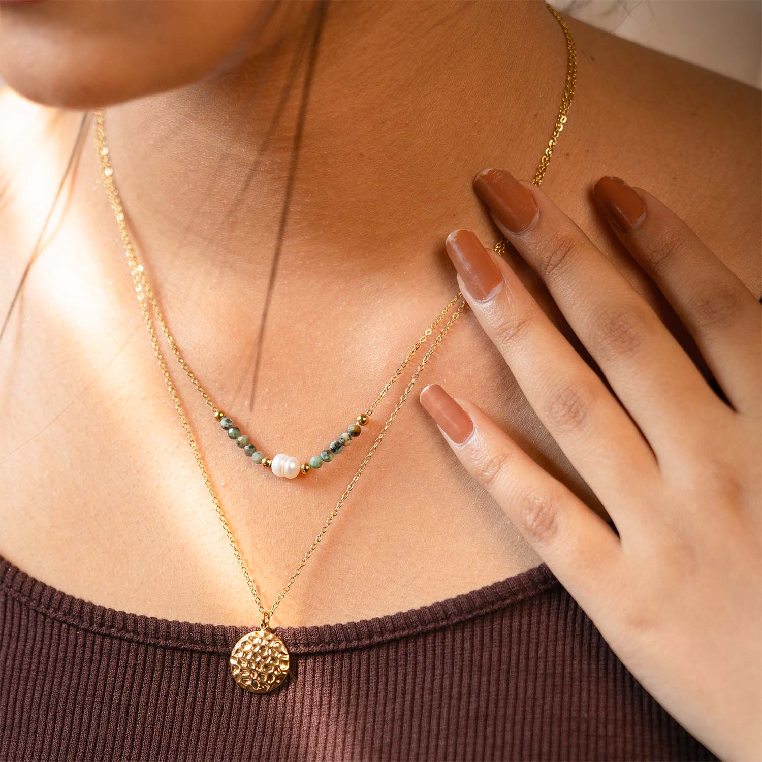Ciara Layered Gold Necklace with Emerald Stone