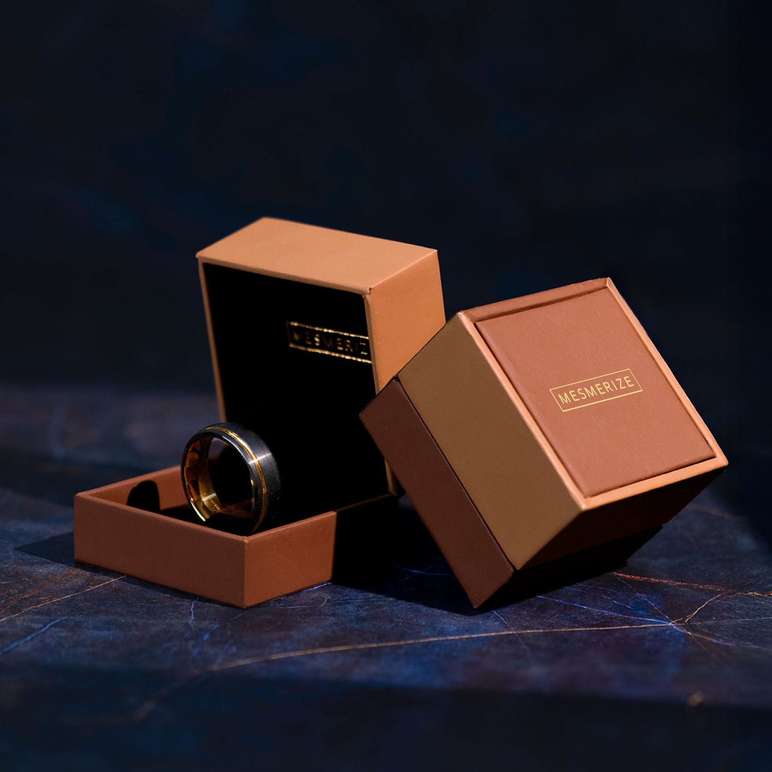 Gold Inlay Black Tungsten Carbide Band Ring