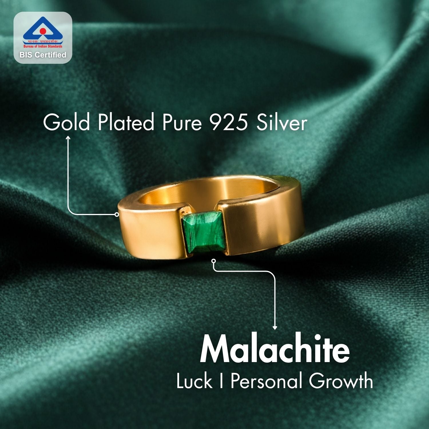 Gold Plated Pure 925 Silver Ring With Malachite Gem Stone