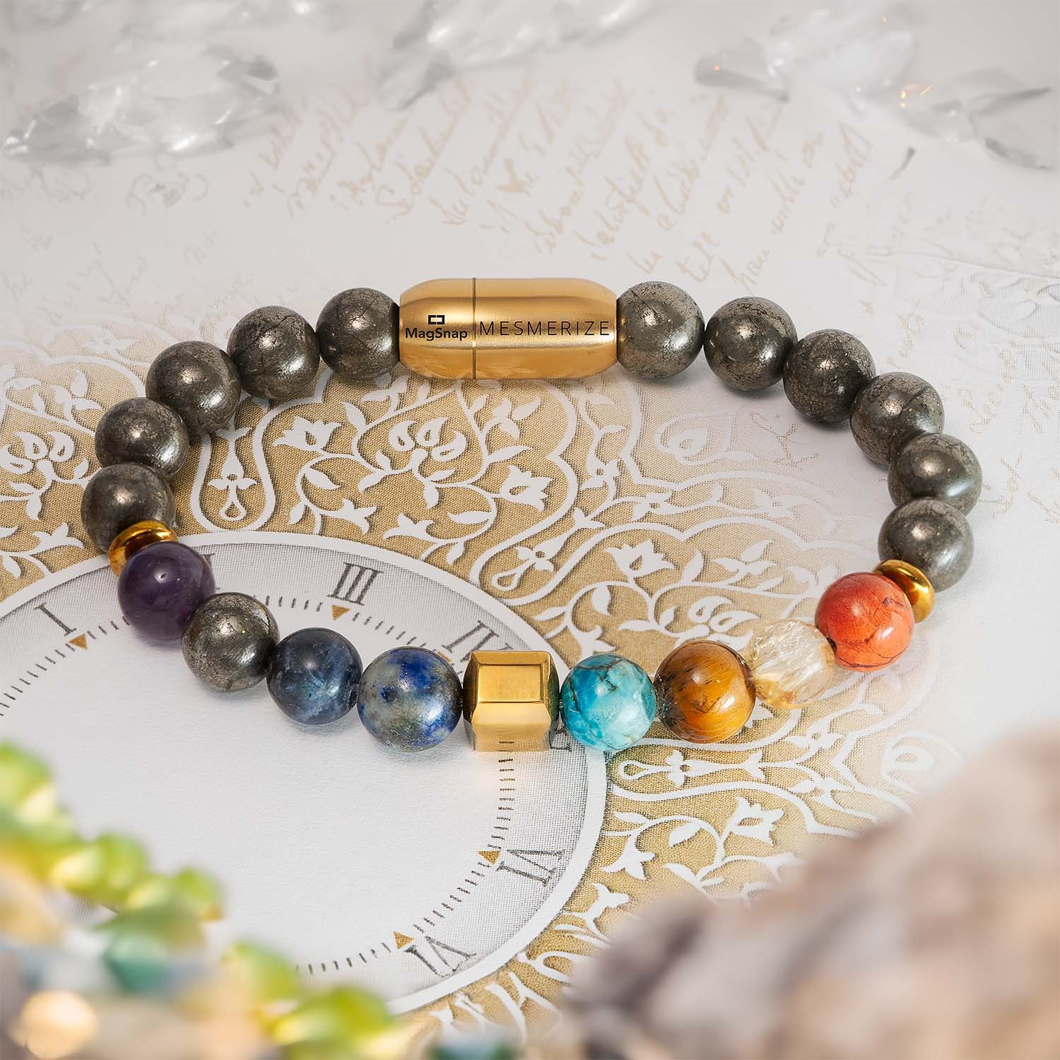 Non Personalised Money Magnet Pyrite 7 Chakra Natural Stone Bracelet With Magsnap2