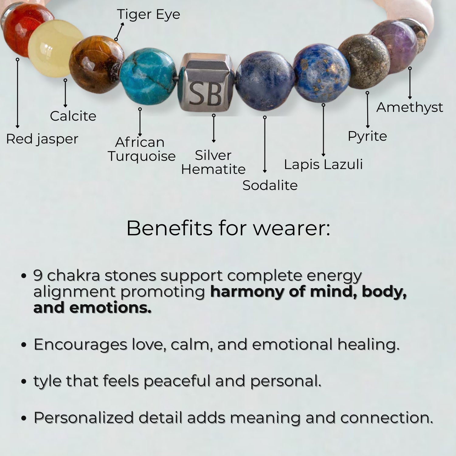 Non-Personalised Solace Rose Quartz 9 Chakra Natural Stone Elastic Bracelet