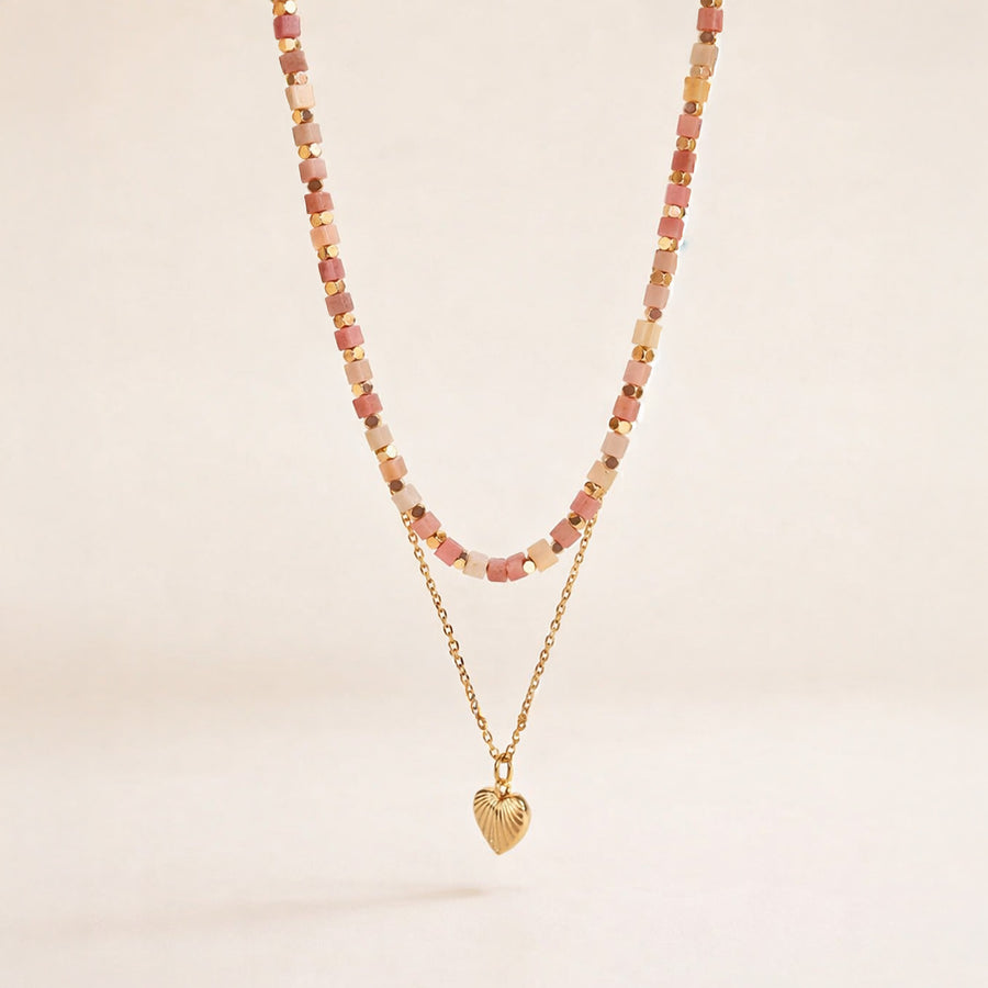 Roselle Layered Rose Gold Necklace with Rhodochrosite Beads