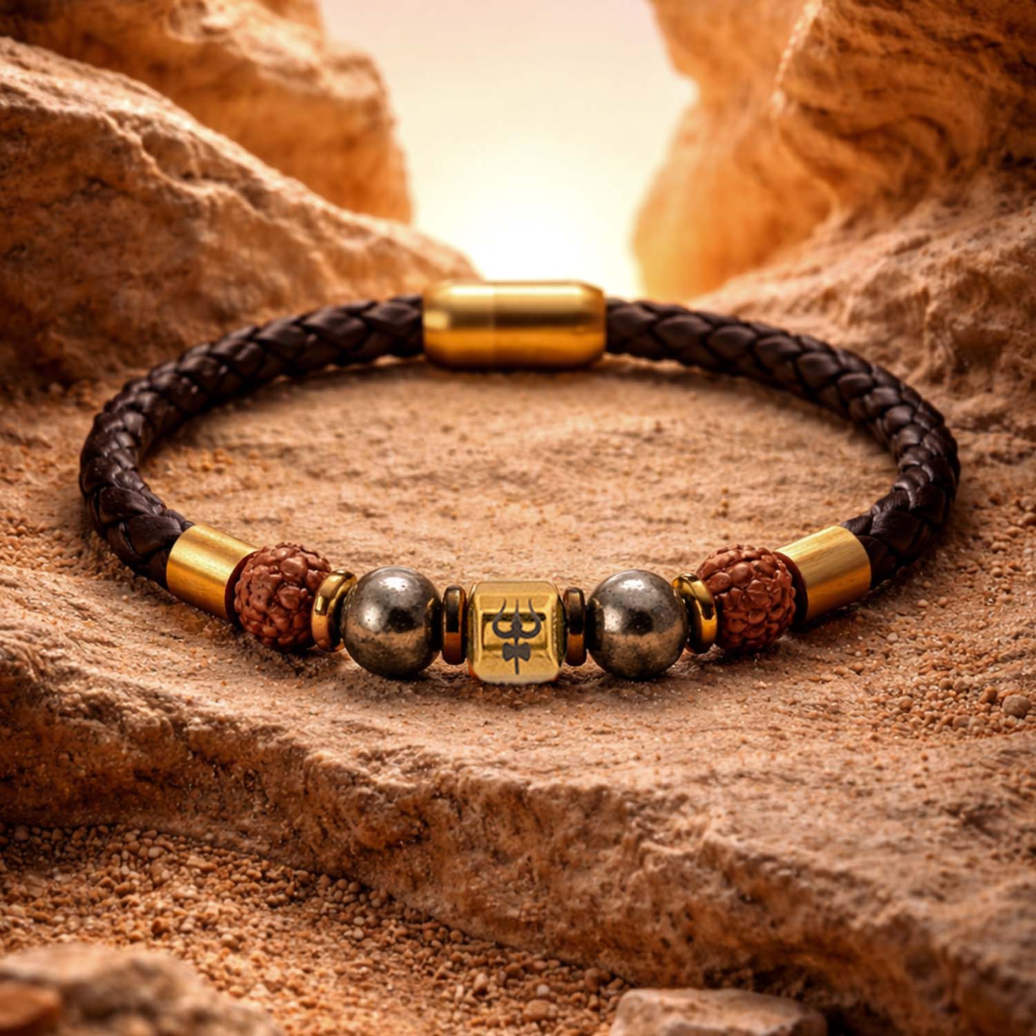 Rudraksh Pyrite Trishul NeoLeather Bracelet With MagSnap2
