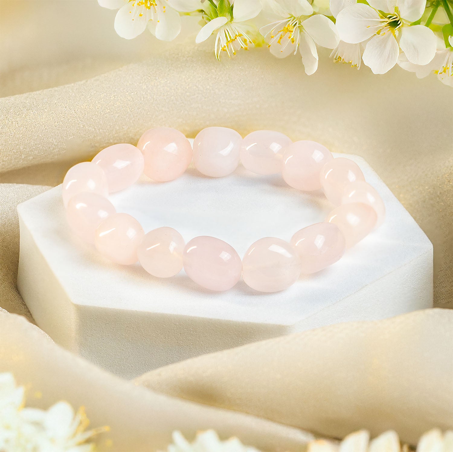 Rose Quartz Tumble Tumble Natural Stone Elastic Bracelet